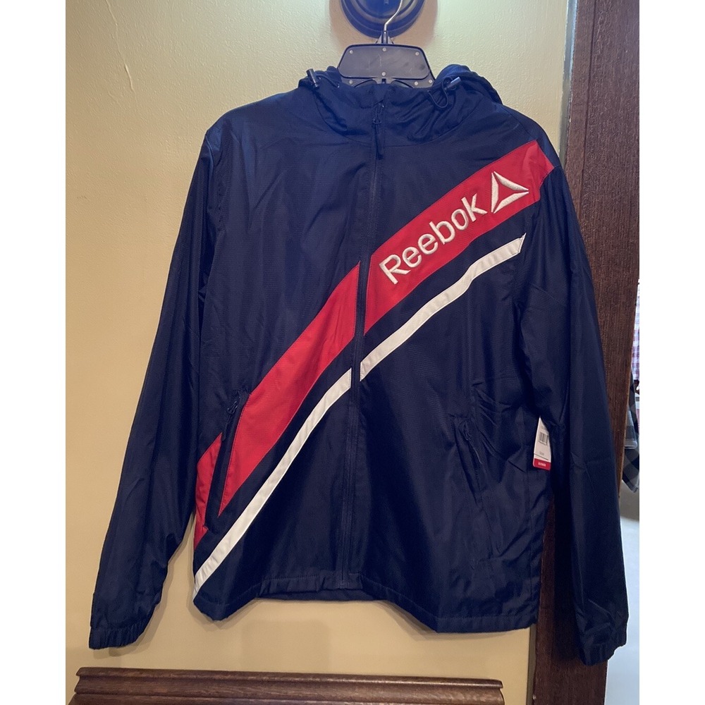 NWT Reebok Big Print Track Jacket Navy Blue Mesh Lined Men Size Medium Full Zip